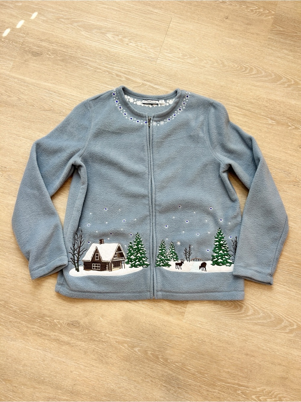 Croft & Barrow Winter Cabin Fleece Jacket Blue Embroidered Deer Size Medium